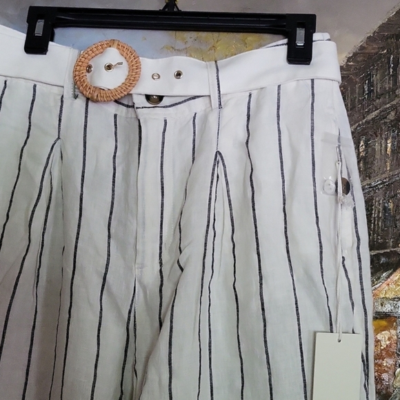 Joie 100% Linen Pleated Wide Leg Trousers in Striped Print - Picture 2 of 9